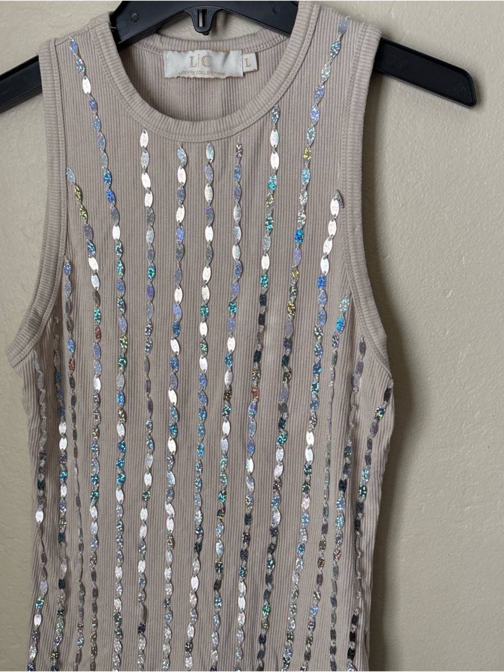 Sequin Stripe Ribbed Tank - Taupe